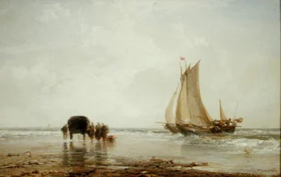 På stranden: To fiskebåter og en gruppe kvinner (olje på panel)