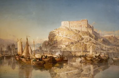 Byen og festningen Huy ved elven Meuse, 1880