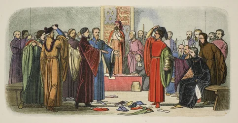 Albemarle og Fitzwalter utveksler trass, fra A Chronicle of England BC 55 til AD 1485, pub. London