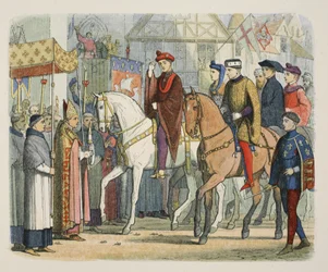 Charles VI av Frankrike og Henry V ønsket velkommen av presteskapet, 1. desember 1420, fra A Chronicle of England BC 55 til AD 1485, pub. London, 1863