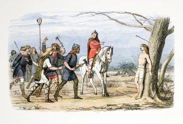Edmund, konge av East Anglia, drept av danskene, 20. november 869 e.Kr., fra En krønike over England fra 55 f.Kr. til 1485 e.Kr., utgitt i London, 1863