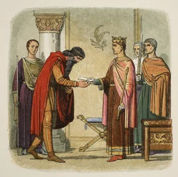 Henry autoriserer Dermod til å innkreve styrker, 1170, fra A Chronicle of England BC 55 til AD 1485, pub. London, 1863