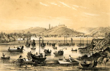 Ningbo, en av de fem havnene åpnet av den sene traktaten for britisk handel, Kina, 1847