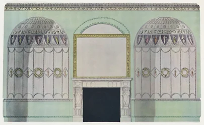 Skorsteinsstykke planket av alkover, interiørkomposisjon, ca. 1700-tallet