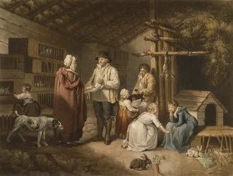 Selling kaniner, gravert av William Ward (1766-1826) 1796 (farget mezzotint)