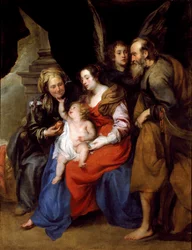 Portrett av den hellige familie med St Anne, mor til Maria og en engel (olje på lerret