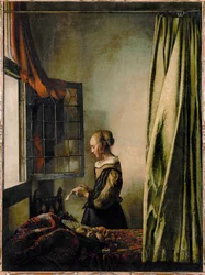 Kvinne som leser et brev ved det åpne vinduet (olje på lerret)