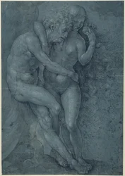 Adam og Eva (penn og svart blekk med hvit kroppsfarge på papir)