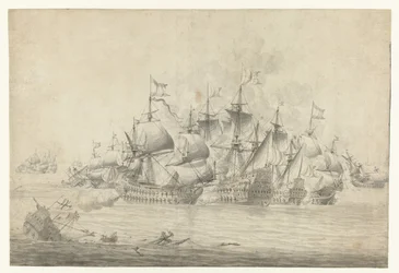 Et sjøslag, muligens ved Lowestoft 13. juni 1665 (høyre blad)