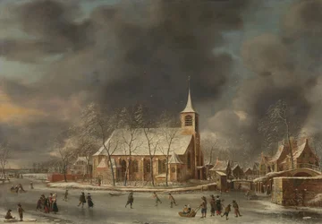 Utsikt over Sloten kirke om vinteren