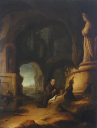 En eremitt i bønn i en grotte med klassiske ruiner