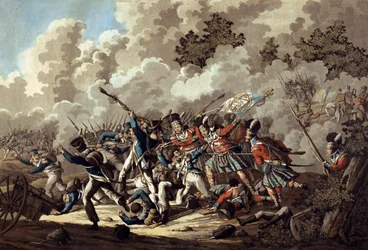 Nederlag av den franske garde av Highlanders, La Haye Sainte, under slaget ved Waterloo, 1815 (farget akvatint)