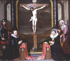 En korsfestelse med portretter av giverne Adriaen Meusyenbroeck og hans kone, Anna Elant, deltatt av St. Adrian og St. Elizabeth