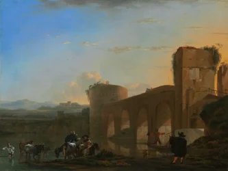 Tiberen med Ponte Molle ved solnedgang, ca. 1650 (olje på lerret)