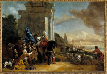 Avgang fra en orientalsk tropp eller "" Les corsaires repousses"" Maleri av Jan Baptist Weenix den gamle (1621-1660)
