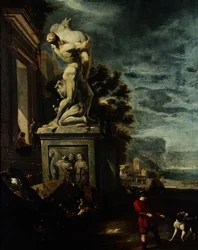 Havn med figurer ved en klassisk statue
