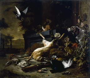 Stilleben med vilt, blant annet en hare, en orrfugl og en rapphøne, med en spaniel som ser på og en flygende due, ca. 1680
