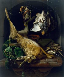 Stilleben med en død hare, rapphøner og andre fugler i en nisje, ca. 1675