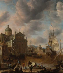 En middelhavs "capriccio"-havn med skikkelser som samtaler på en kai og en nederlandsk tre-master fortøyning bortenfor, 1665