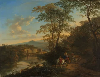 Italiensk landskap med Ponte Lucano over elven Aniene, ca. 1650–1652 (olje på kobber)