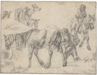 Studieark med figurer, hester og esler