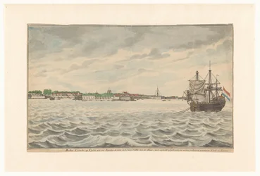 Byen Colombo i Ceylon sett fra nord i år 1785 fra veiene, med dens revne kirke og tårn, som ble gjenoppbygd. (tittel på objekt)