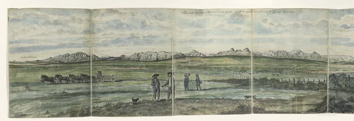 Panorama over Hottentots Holland Kaapsche Bergen fra Kapp til nord som strekker seg fra Baay-fals til Tygerberg over. 1787 (tittel på objekt)