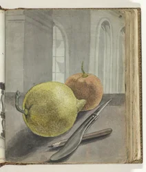 Stilleben med frukt, kniv og blyant.