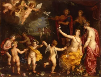 Allegori om kjærlighet: Venus holder et par bundede duer, med Ceres, Apollo og Diana, omgitt av dansende putti, i et landskap