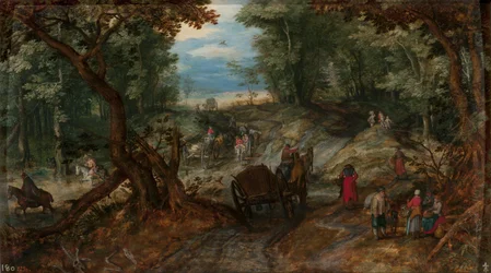 Skog med vogner som krysser en bekk og ryttere
