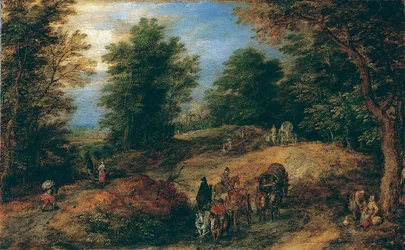 Landskap med reisende på en skogssti, ca. 1607.