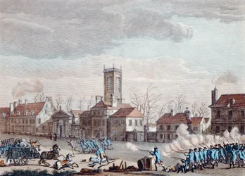 Kamp foran Eglise de la Chapelle, Paris. mellom vokterne av barrierene til Fermiers Generaux og de revolusjonære 24. januar 1791, ca. 1795