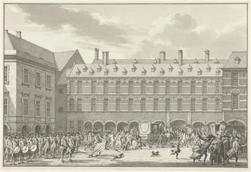 Forstyrrelser da deputatene i Dordrecht kjører gjennom Stadhouderspoort på Binnenhof, 1786
