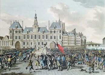 Lederne av Launay og Flesselles promenerte foran Hotel de Ville, 14. juli 1789, 1795