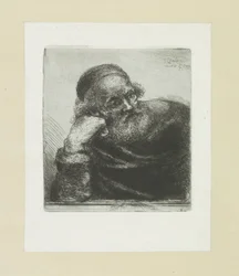 Gammel mann lener seg på høyre arm The Compleat Work of Etchings av John Chalon / Oeuvre Complette des Eaux Fortes av Jean Chalon (serietittel)