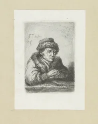 Volwassen man aan een tafel, i bontmantel The Compleat Work of Etchings av John Chalon / Oeuvre Complette des Eaux Fortes av Jean Chalon (serietittel)