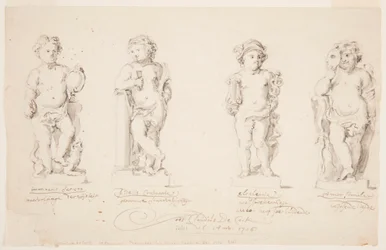 Tegning, prosjekter for statuer: «Visdom.» «Konstans.» «Veltalenhet.» «Amor forkledd.», 1726
