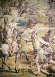 Kampanje av keiser Charles V 1500-58 mot tyrkerne i Tunis i 1535: fangen av Goletta, detalj av en fotsoldat som holder et kroppsløst hode, tegneserie for et veggteppekull og wc på papir