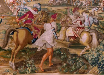 flamsk billedvev. Serien Erobringen av Tunis. Angrepet på La Goleta (Ataque a la Goleta). Fjerde billedvev i serien. Modell Jan Vermeyen og Pieter Coecke van Aelst. 1543-1548. Produksjon Real Fábrica de Tapices de Santa Bárbara, Madrid