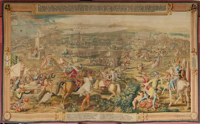 flamsk billedvev. Serien Erobringen av Tunis. Angrepet på La Goleta (Ataque a la Goleta). Fjerde billedvev i serien. Modell Jan Vermeyen og Pieter Coecke van Aelst. 1543-1548. Produksjon Real Fábrica de Tapices de Santa Bárbara, Madrid