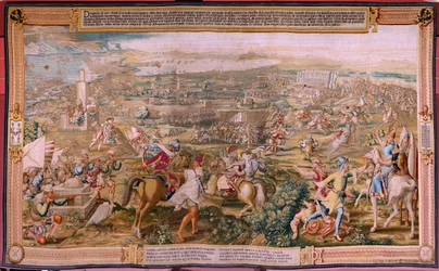 Flamsk veggteppe. Serien Erobringen av Tunis. Angrepet på La Goleta. Fjerde veggteppe i serien. Forelegg av Jan Vermeyen og Pieter Coecke van Aelst. 1543-1548. Produsert ved Real Fábrica de Tapices de Santa Bárbara, Madrid