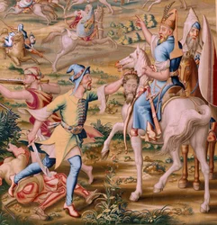 flamsk billedvev. Serien Erobringen av Tunis. Angrepet på La Goleta (Ataque a la Goleta). Fjerde billedvev i serien. Modell Jan Vermeyen og Pieter Coecke van Aelst. 1543-1548. Produksjon Real Fábrica de Tapices de Santa Bárbara, Madrid