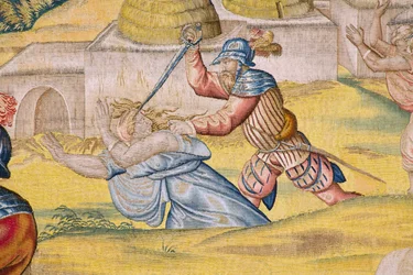 flamsk billedvev. Serien The conquest of Tunis: Take of Tunis. Tegner Jan Cornelisz Vermeyen. Studio Willem de Pannemaker, Brussel. Ca 1545. Detalj.