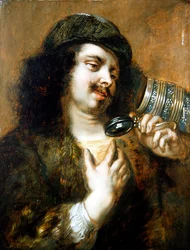 En ung mann som drikker fra en tankard (olje på panel)