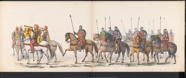 Maskerade av Leiden-studentene, 1865 (plate 1) Kostymert prosesjon holdt av medlemmene av Leiden studentkorps 6. juni 1865, for å feire 290-årsjubileet for Leidsche Hoogeschool, som viser: nederlendernes inntreden i