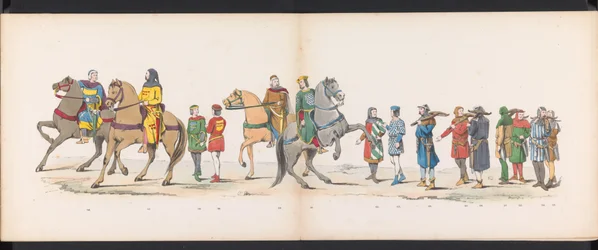 Maskerade av Leiden-studentene, 1865 (plate 10) Kostymert prosesjon holdt av medlemmene av Leiden studentkorps 6. juni 1865, for å feire 290-årsjubileet for Leidsche Hoogeschool, som viser: nederlendernes inntreden b.