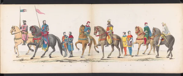 Maskerade av Leiden-studentene, 1865 (plate 12) Kostymert prosesjon holdt av medlemmene av Leiden studentkorps 6. juni 1865, for å feire 290-årsjubileet for Leidsche Hoogeschool, som viser: nederlendernes inntreden b.