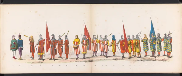 Maskerade av Leiden-studentene, 1865 (plate 13) Utkledd prosesjon holdt av medlemmene av Leiden studentkorps 6. juni 1865, for å feire 290-årsjubileet for Leidsche Hoogeschool, som viser: nederlendernes inntreden b.