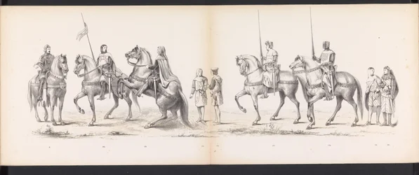 Maskerade av Leiden-studentene, 1865 (plate 14) Utkledd prosesjon holdt av medlemmene av Leiden studentkorps 6. juni 1865, for å feire 290-årsjubileet for Leidsche Hoogeschool, som viser: nederlendernes inntreden b.