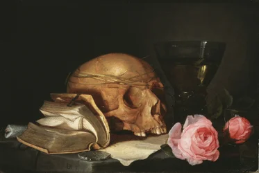 Et Vanitas-stilleben med en hodeskalle, en bok og roser, ca. 1630